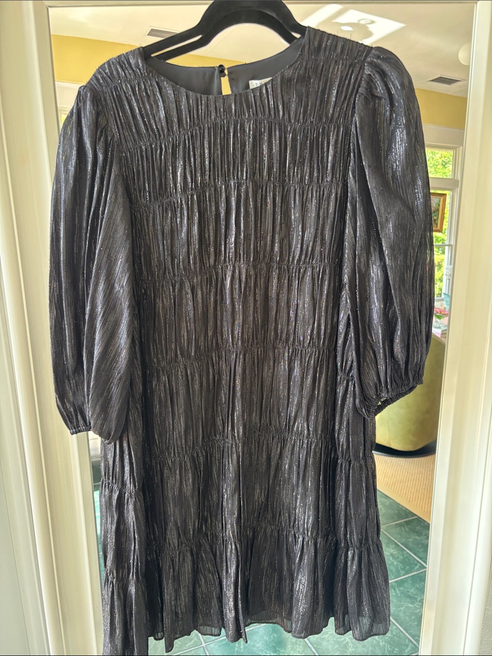 Trina Turk Shimmery Black Puff-Sleeve Tiered Dress